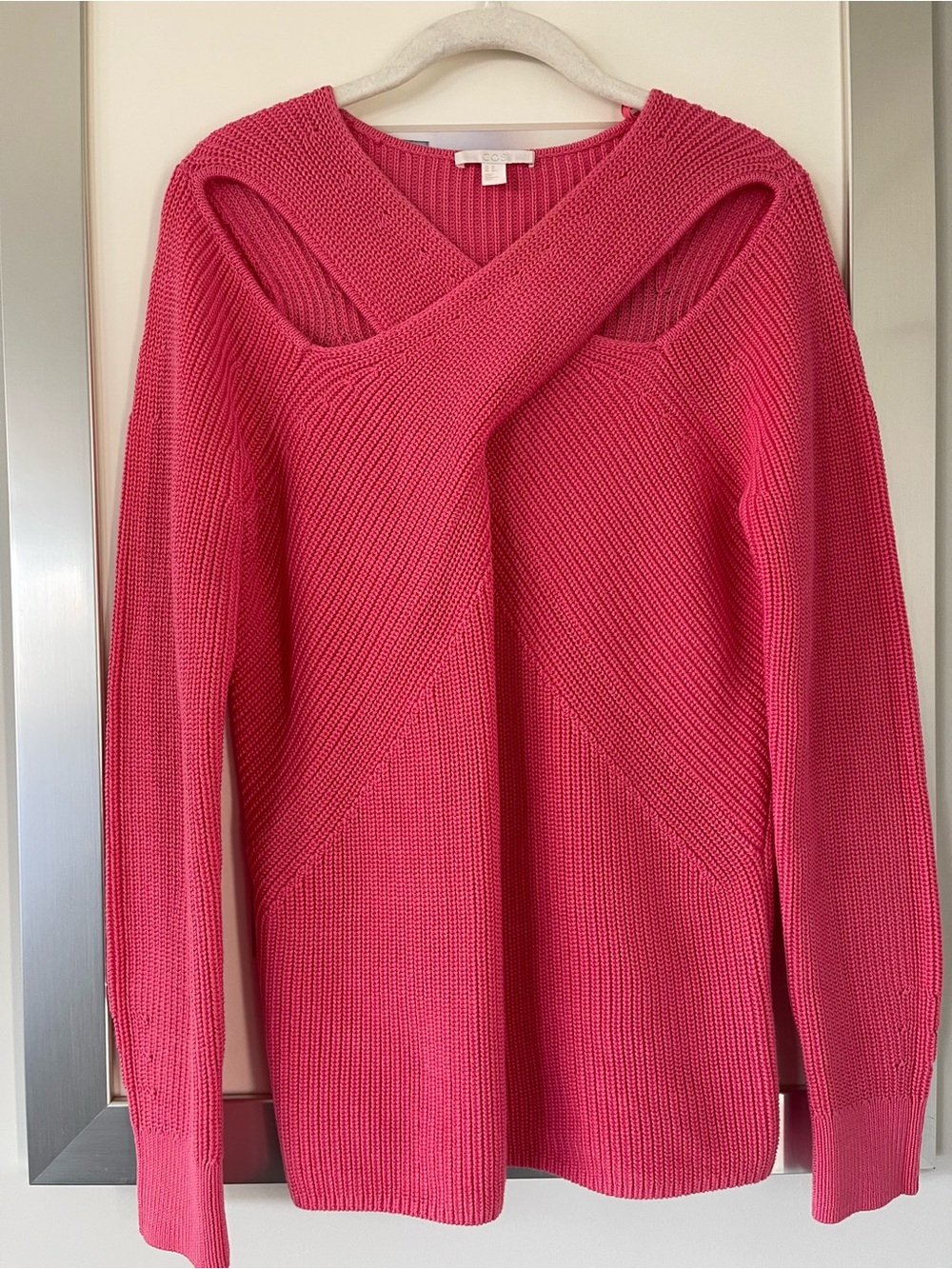 pink COS organic cotton deconstructed rib-knit sweater